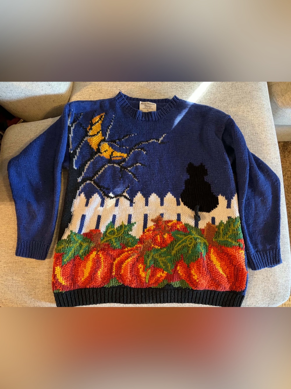 Marisa Christina Blue Crewneck Sweater with Orange Pumpkins and Yellow Moon